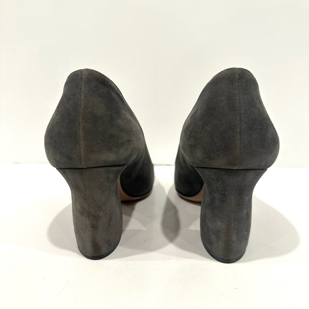 Prada Grey Suede Leather Round Square Closed Curved Block Heel Pumps EU 38 US 8 - Picture 7 of 13